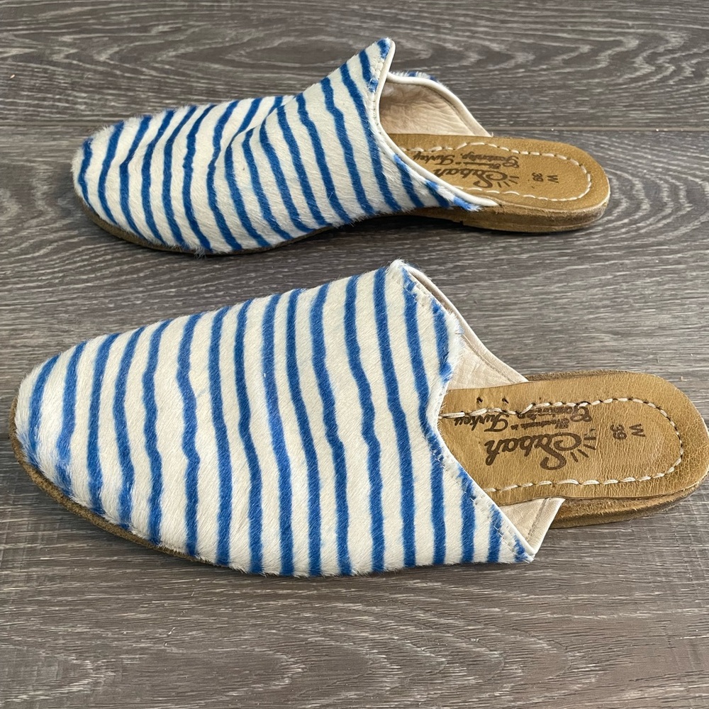 Blue and white hair calf and leather slip ons handmade by Sabah.